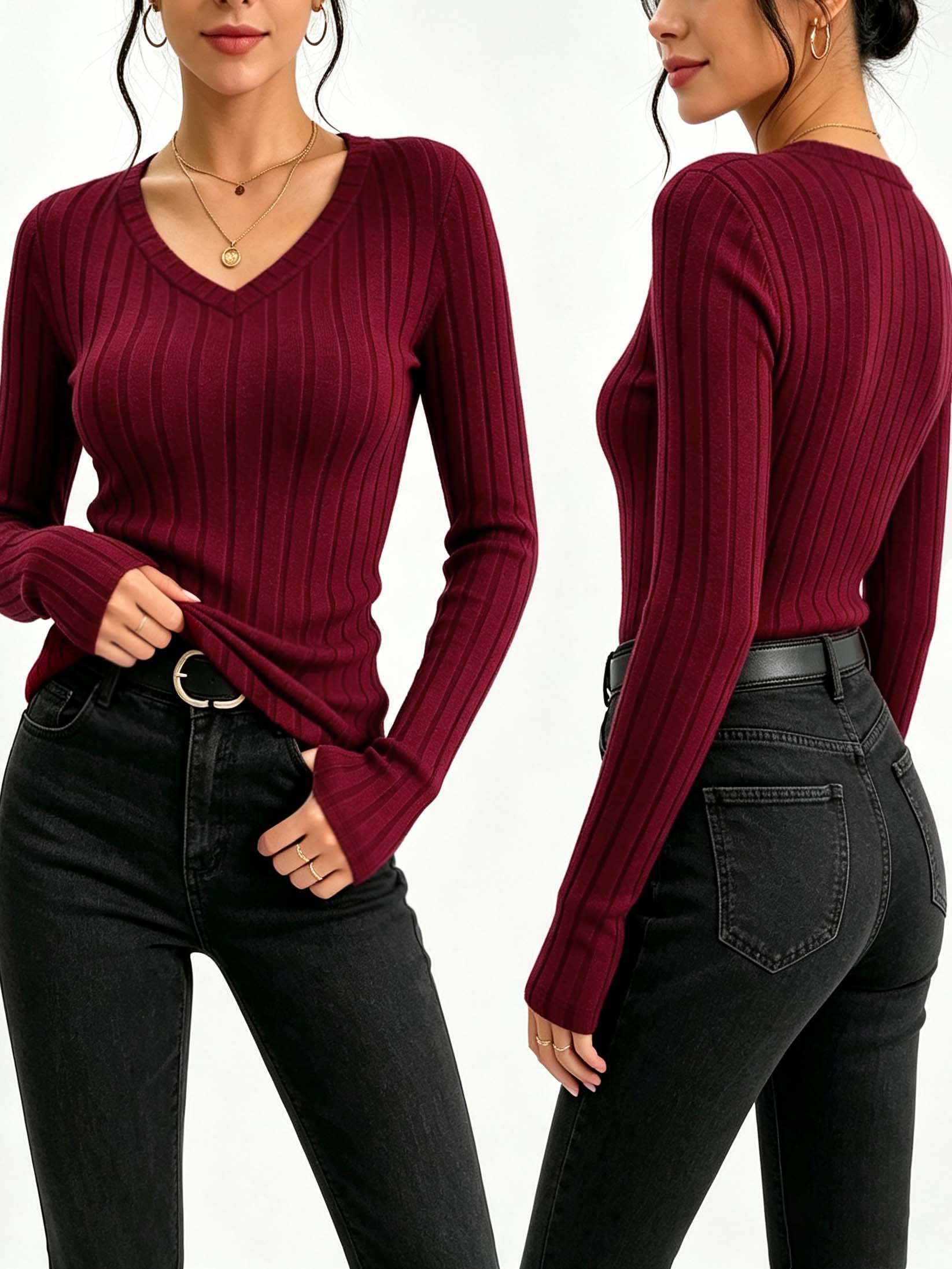여성용 솔리드 V넥 리브 니트 탑, 슬림 핏 신축성 있 - Winter Clothing For Women 리뷰 및 가격